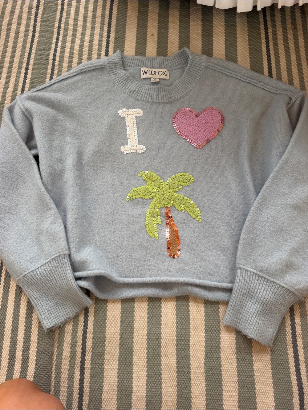 Wildfox Light Blue Sequin Palm & Heart Crewneck Sweater xs